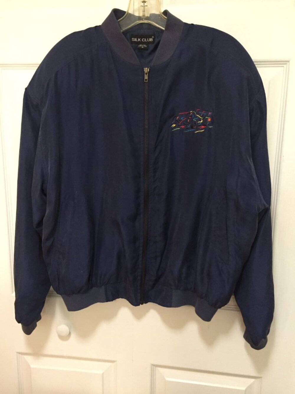 Vintage Randy Owens Jacket Bomber Embroidered Blue Silk Men's M Racing YKK ZIP